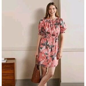 NWOT Boden Smocked Linen Shirt Dress Pink Oriental Cascade Botanical Print 2